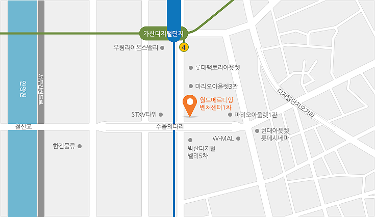 채움씨앤아이 본사는 가산동 월드메르디앙 벤처센터1차에 위치하고 있습니다. 지하철 가산디지털역 4번출구에서 직진으로 350미터 거리 입니다.